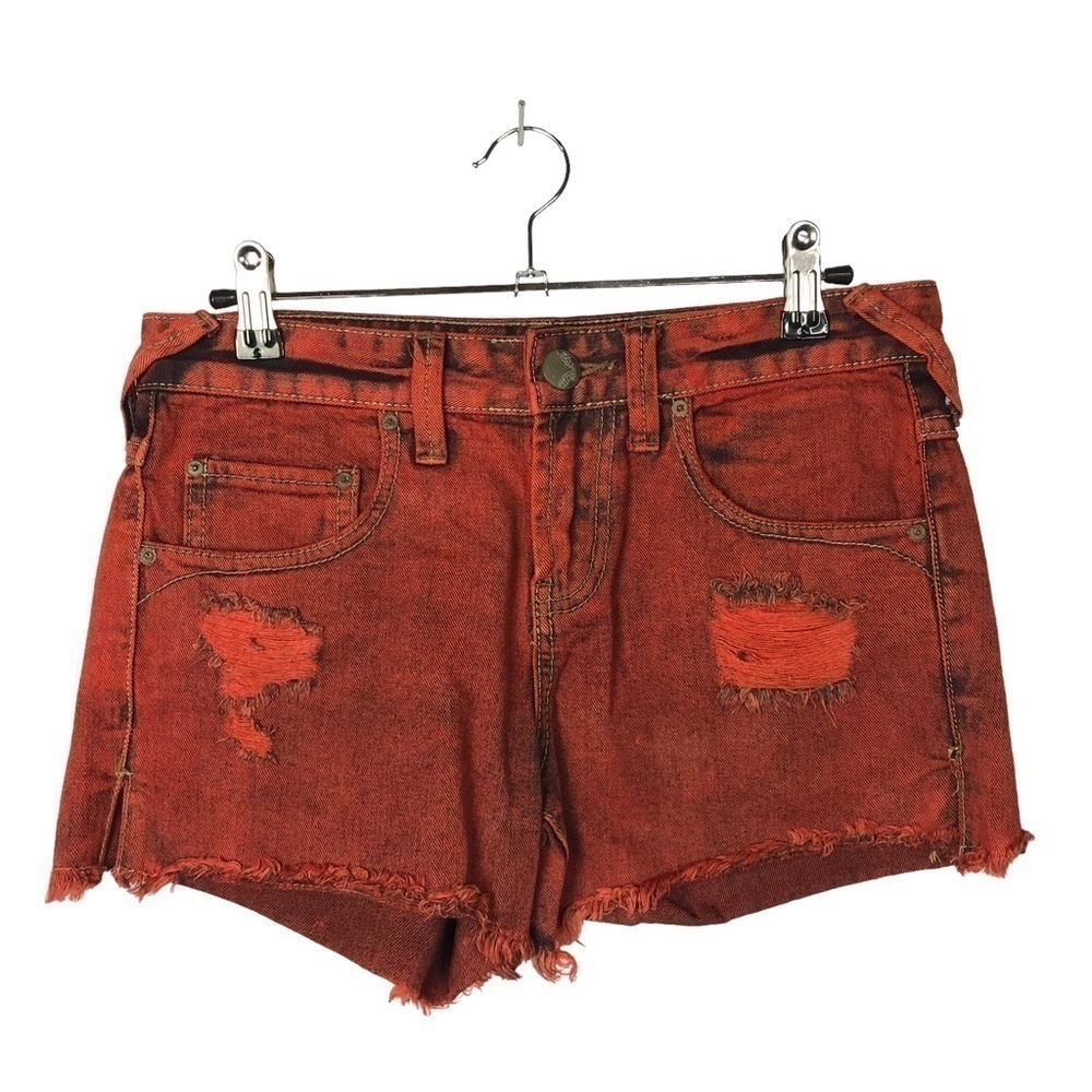 Free People Red Overdye Distressed Denim Shorts 24‎